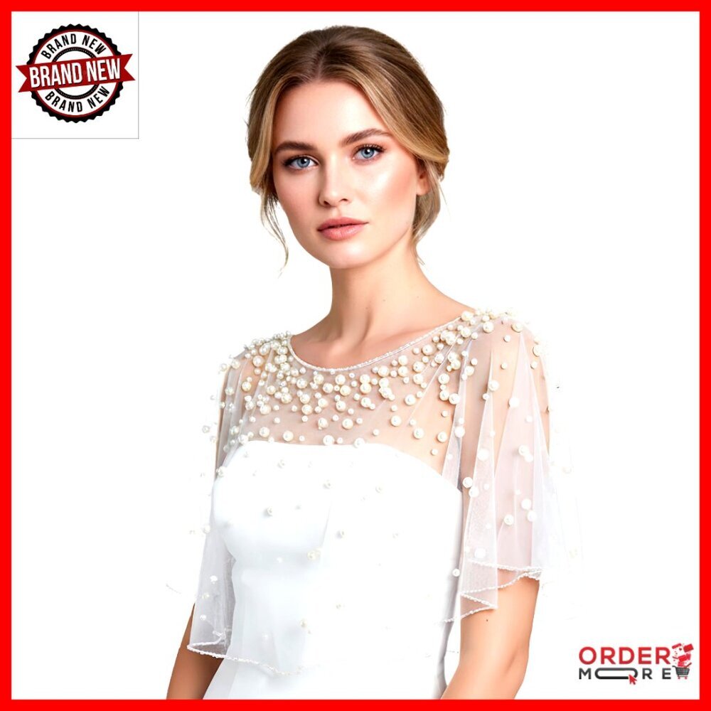 Pearl Tulle Wedding Cape Shawl Bolero Cover Up Formal Evening Dress